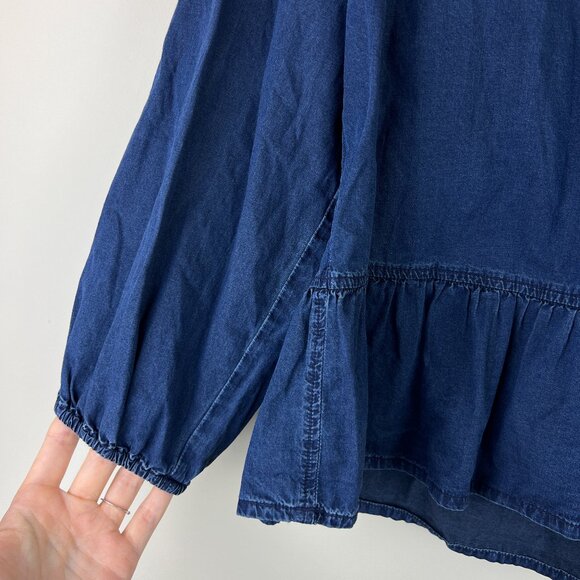 Madewell Indigo Dark Wash Ruffle Hem Chambray Long Sleeve Top - Picture 3 of 6